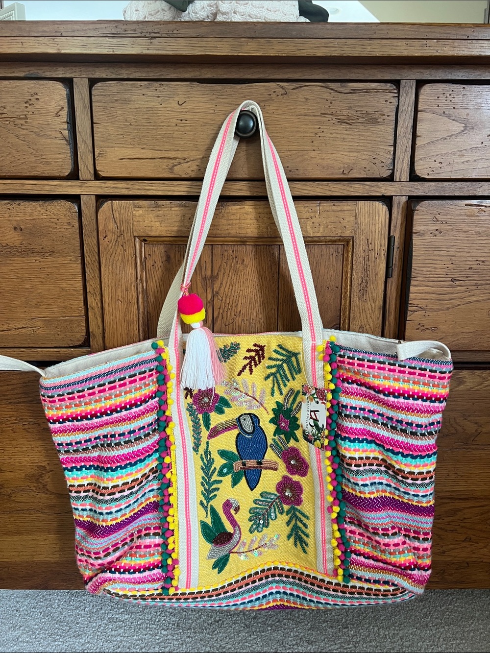 America & Beyond beaded Embroidered Tote Bag with Pom Pom Tassel mexican bird be
